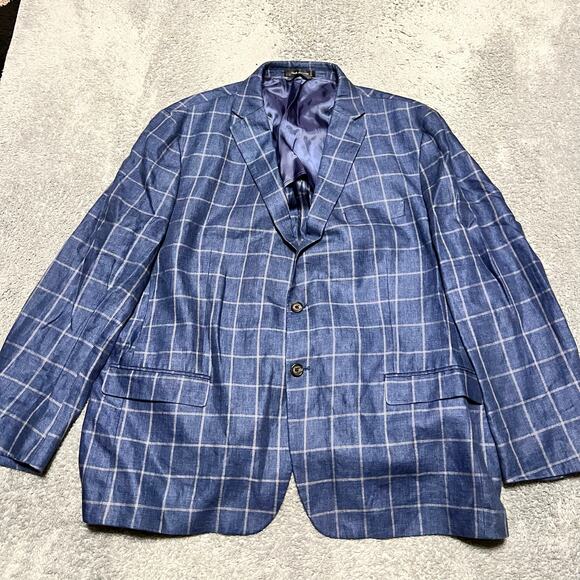 Ralph Lauren LRL Blazer Mens 50R 100% Linen 2-Button Coat Blue Windowpane Plaid - Picture 1 of 11